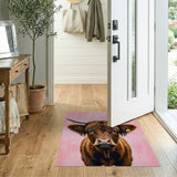 Shaggy Highland Cow Portrait Pink Area Rug