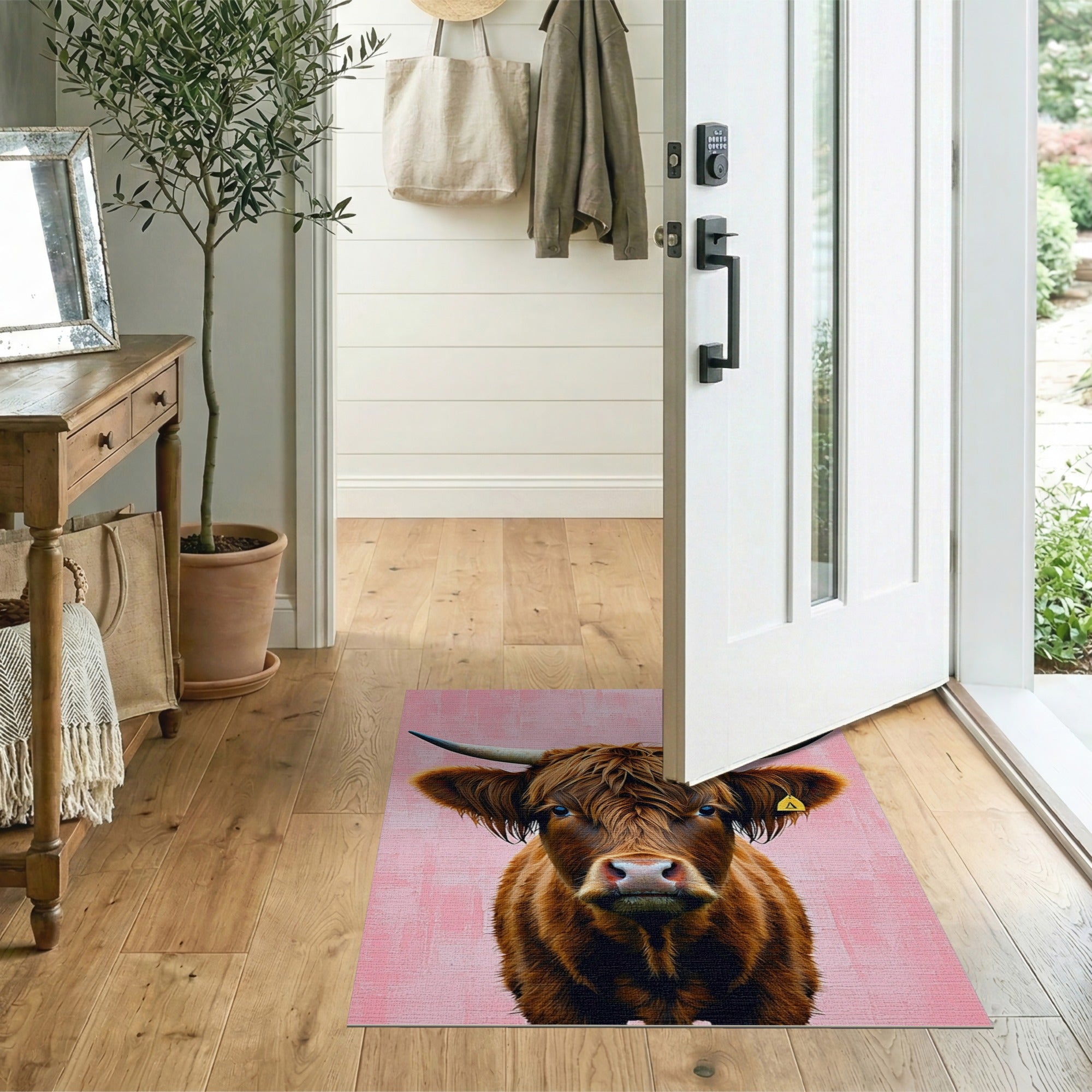 Shaggy Highland Cow Portrait Pink Area Rug