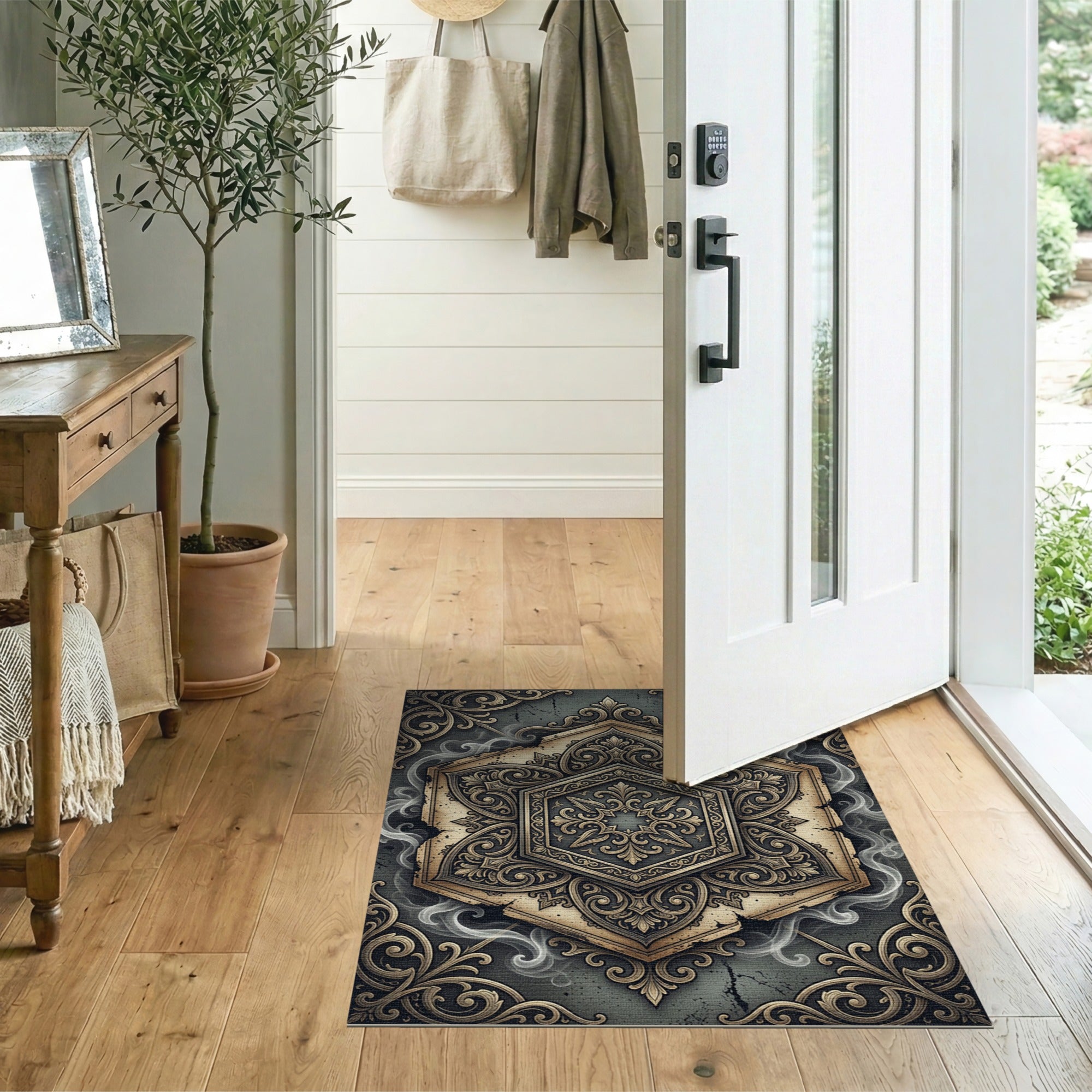 Ornate Distressed Gold Hexagon Mandala Rug