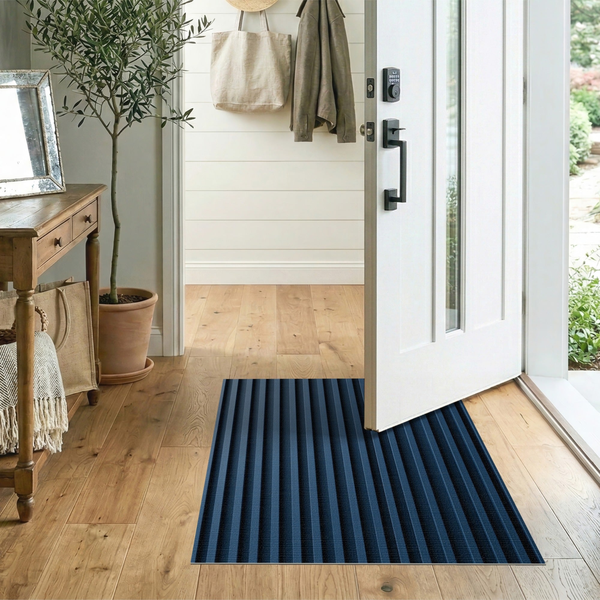 Navy Blue Vertical Ribbed Geometric Area Rug