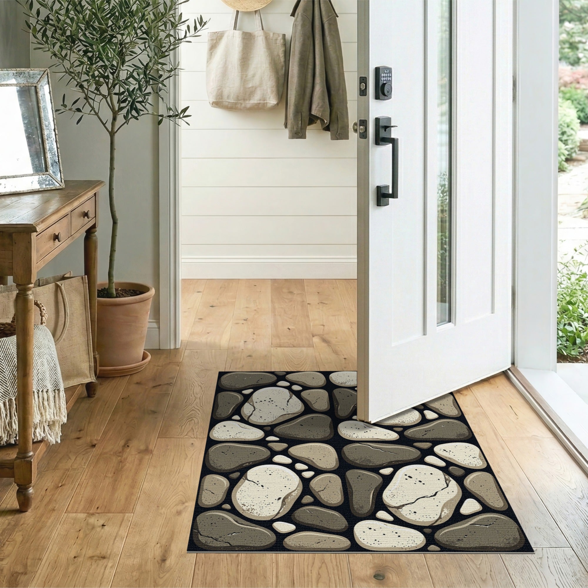 Coastal Beach Grey Grey Pebble Mosaic Area Rug