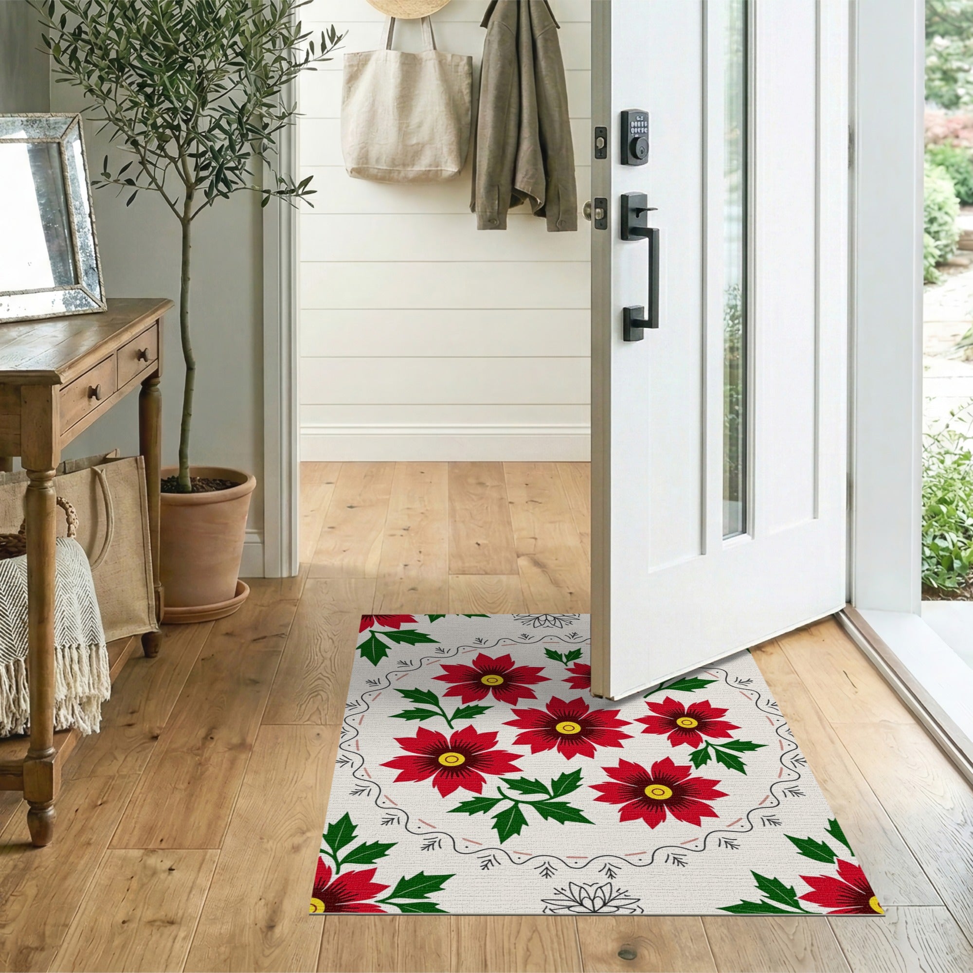 Festive Red Poinsettia Holly Floral Rug