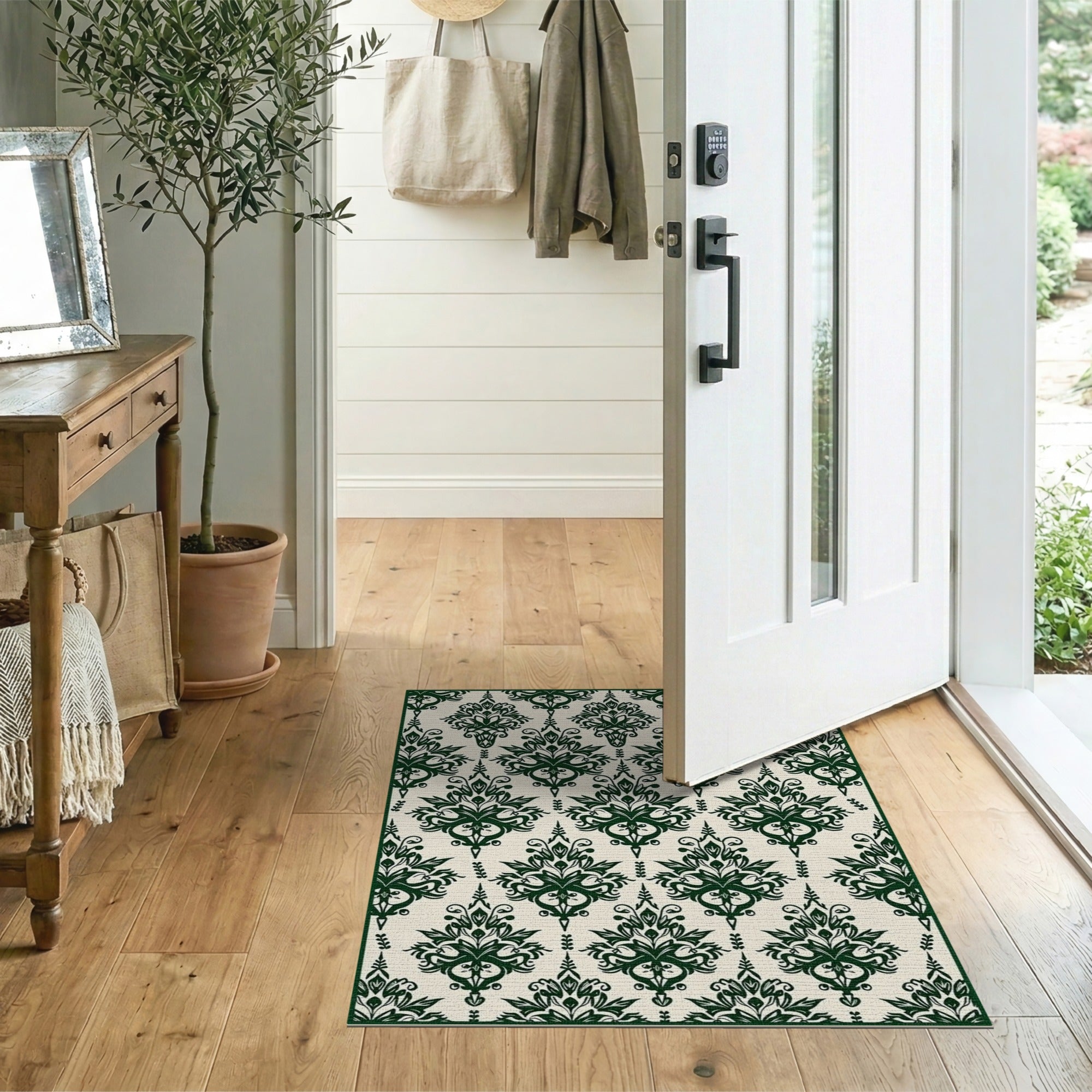 Green Elegant Green Damask Floral Area Rug