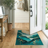 ODIKA Modern Abstract Mountain Teal & Gold Washable Area Rug - Low Pile, Non-Slip, Pet & Kid Friendly