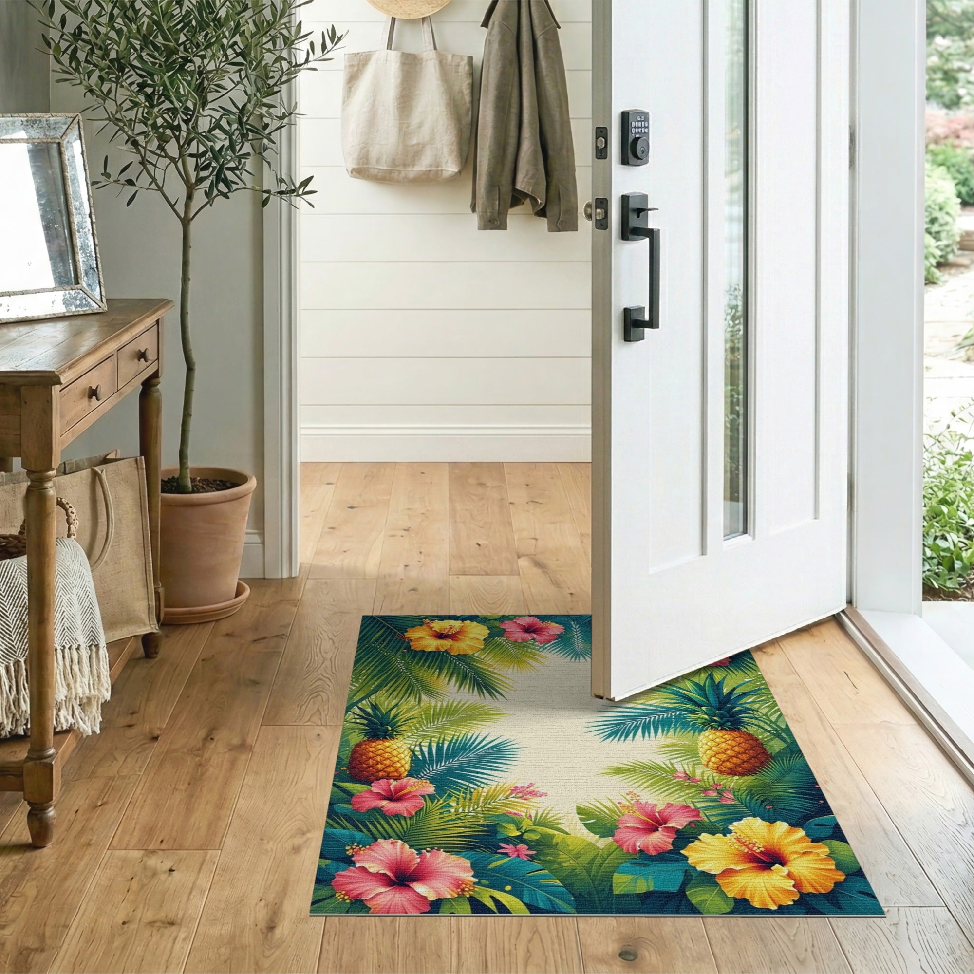 ODIKA Tropical Hibiscus Pineapple Washable Area Rug - Low Pile & Non-Slip