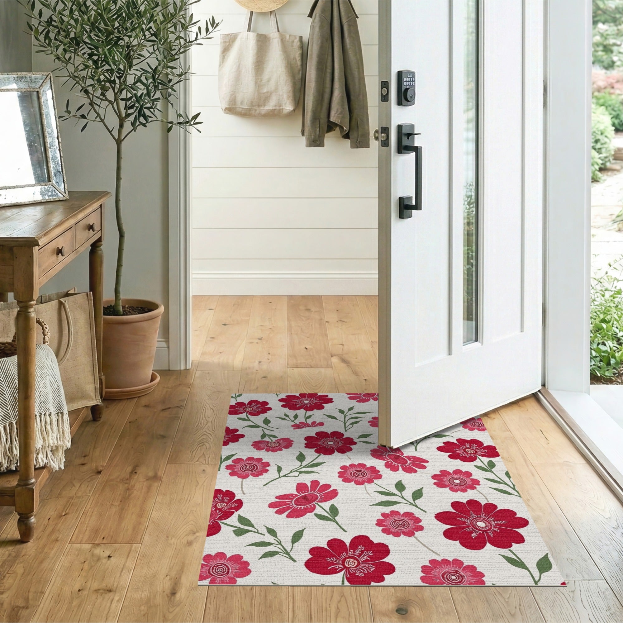 ODIKA Red Floral Washable Area Rug - Low Pile Non-Slip Non-Shedding Flower Rug