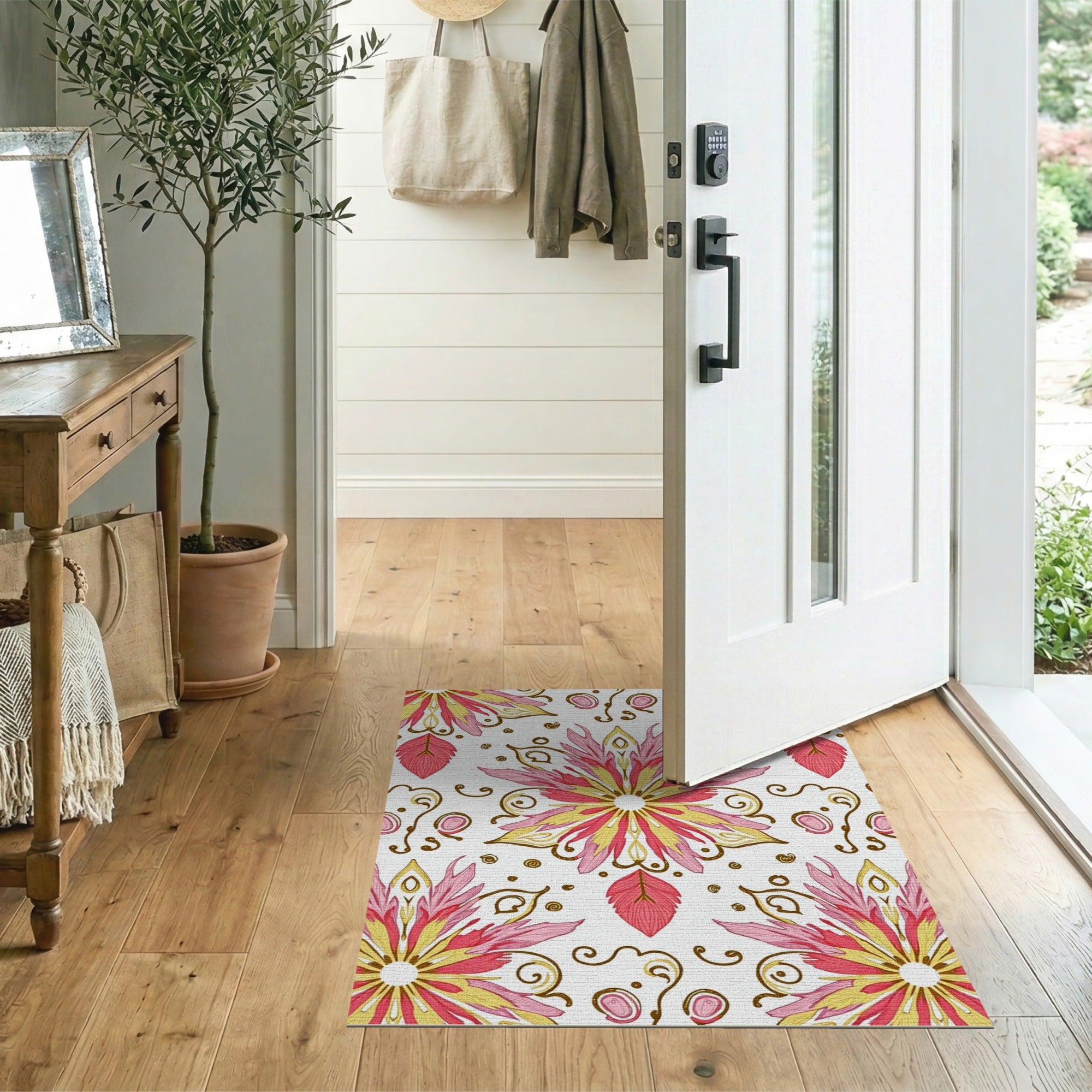 Vibrant Pink Yellow Floral Medallion Rug