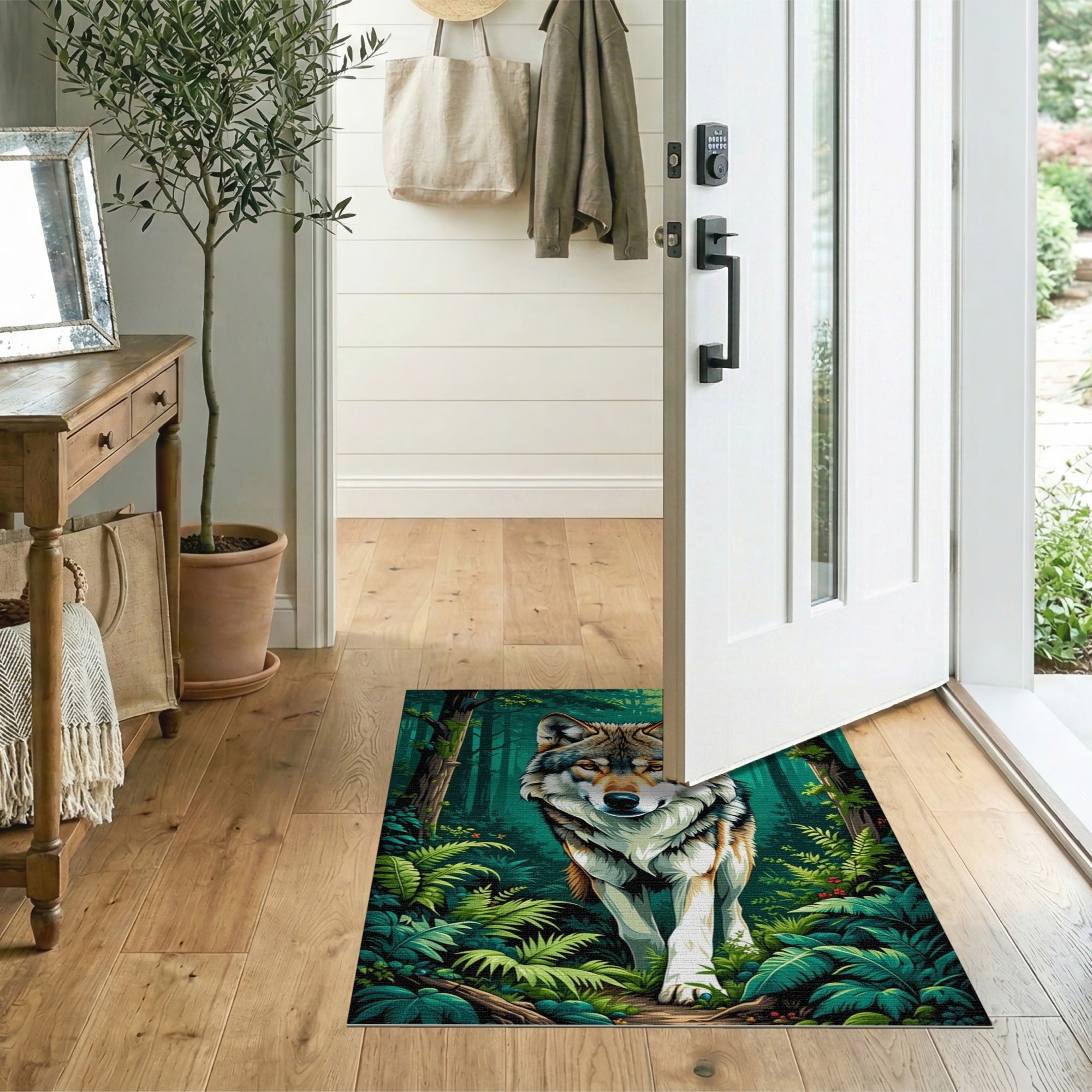 Green Moonlit Forest Wolf Area Rug