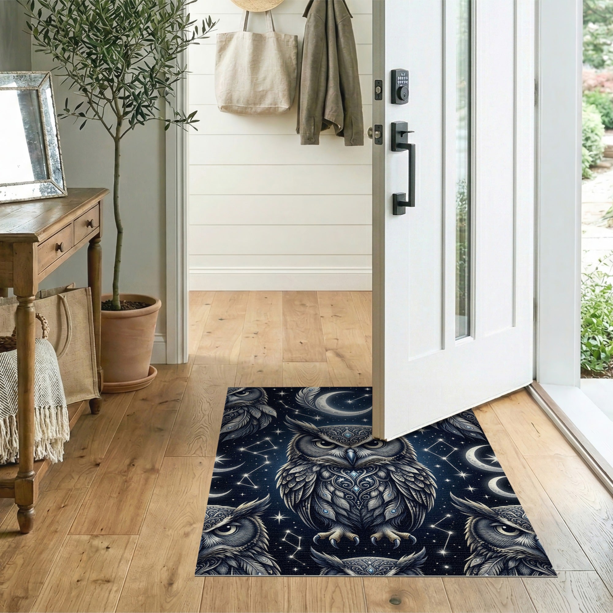 ODIKA Mystic Owl Celestial Washable Area Rug - Navy Blue Low Pile Non-Slip