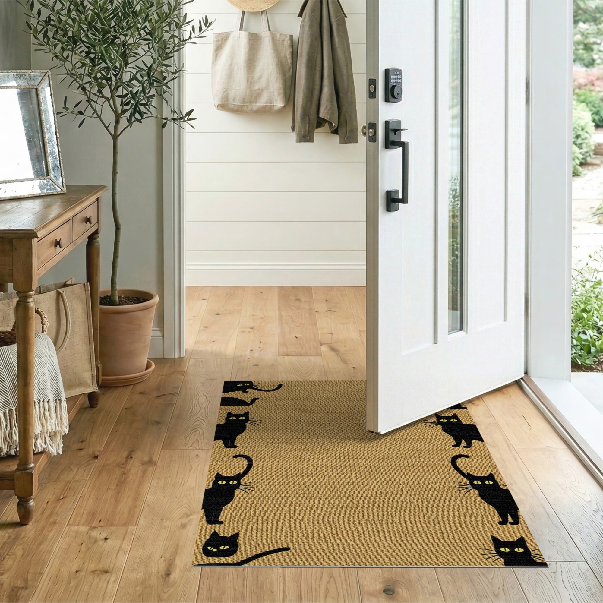 Playful Black Cat Silhouettes Tan Area Rug