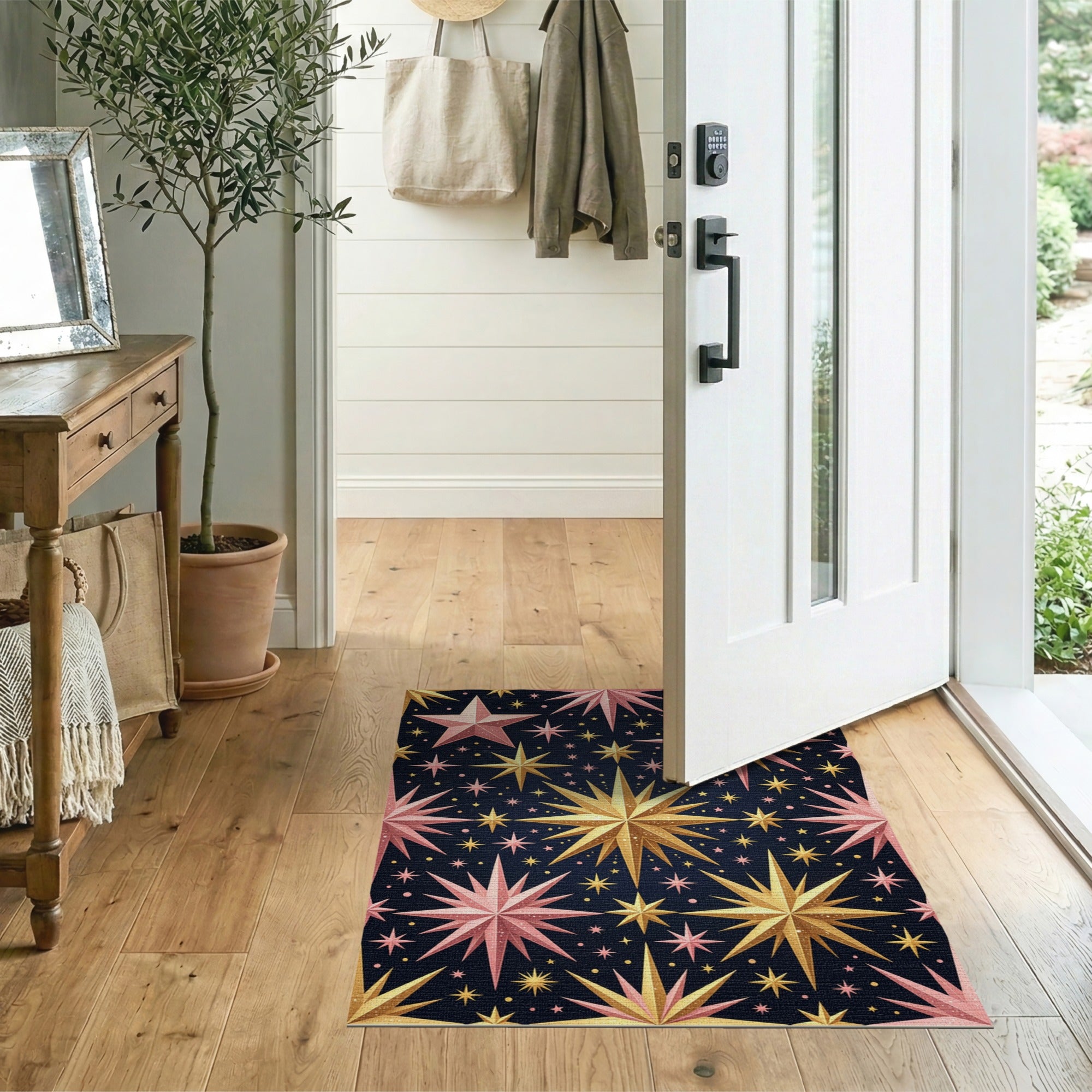 Pink Gold Shimmering Stars Area Rug