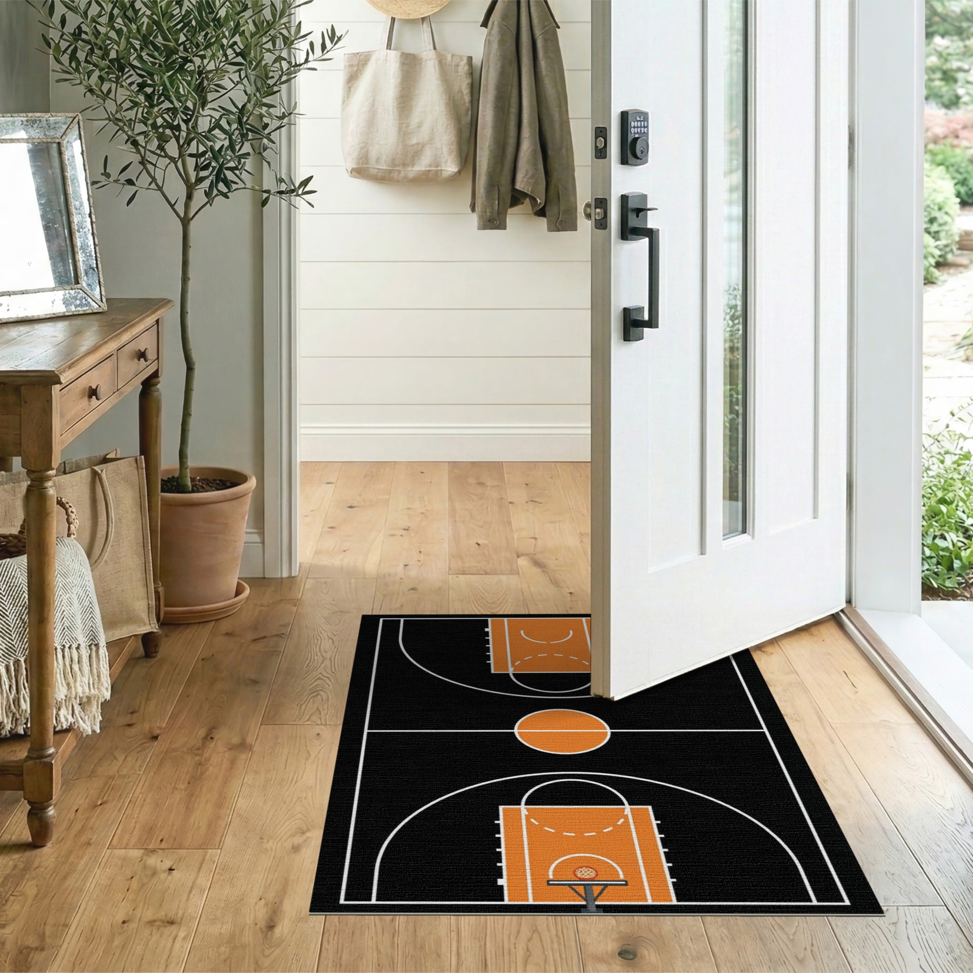 Geometric Modern Orange Basketball Court Line Art Area Rug