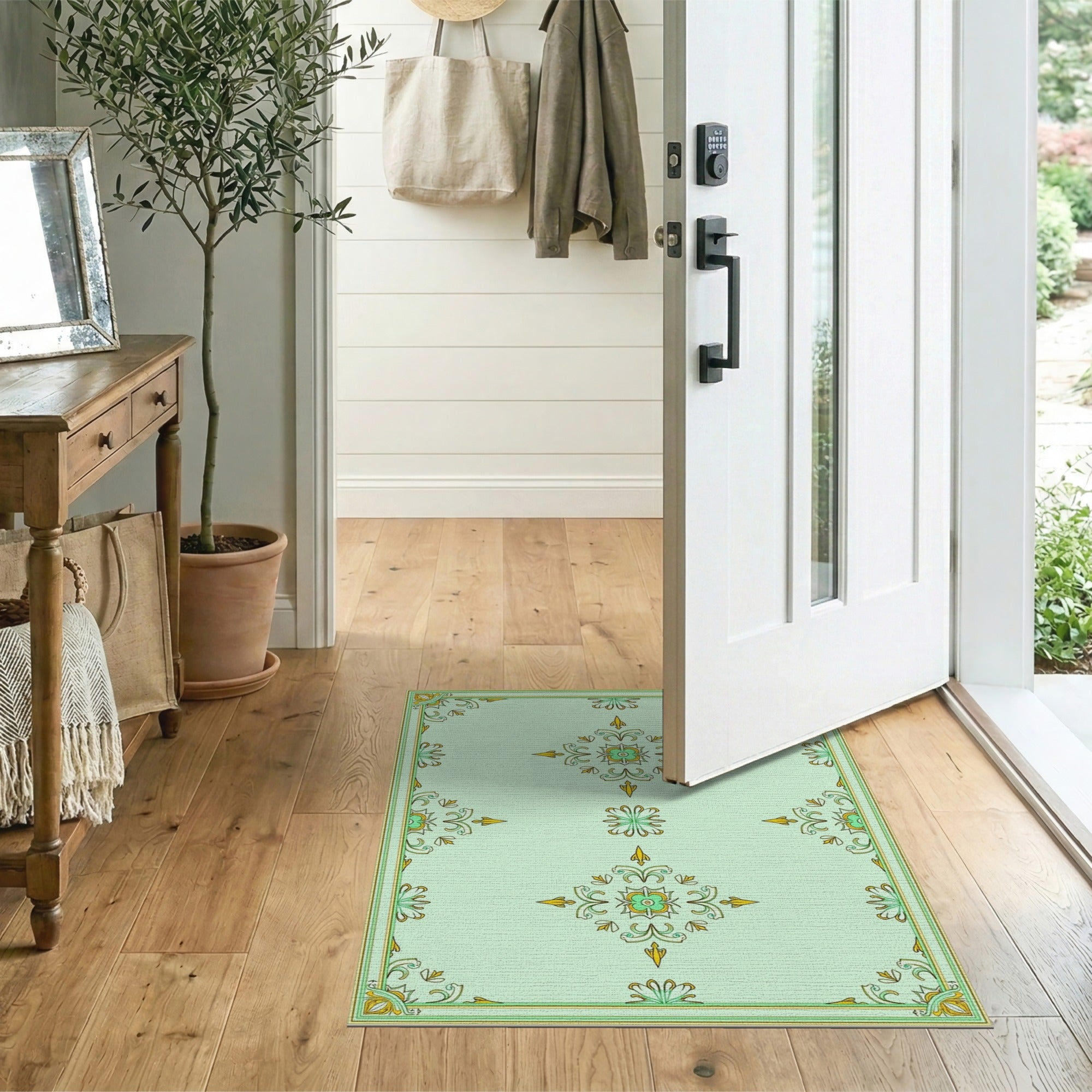 Ornate Mint Green Gold Floral Area Rug