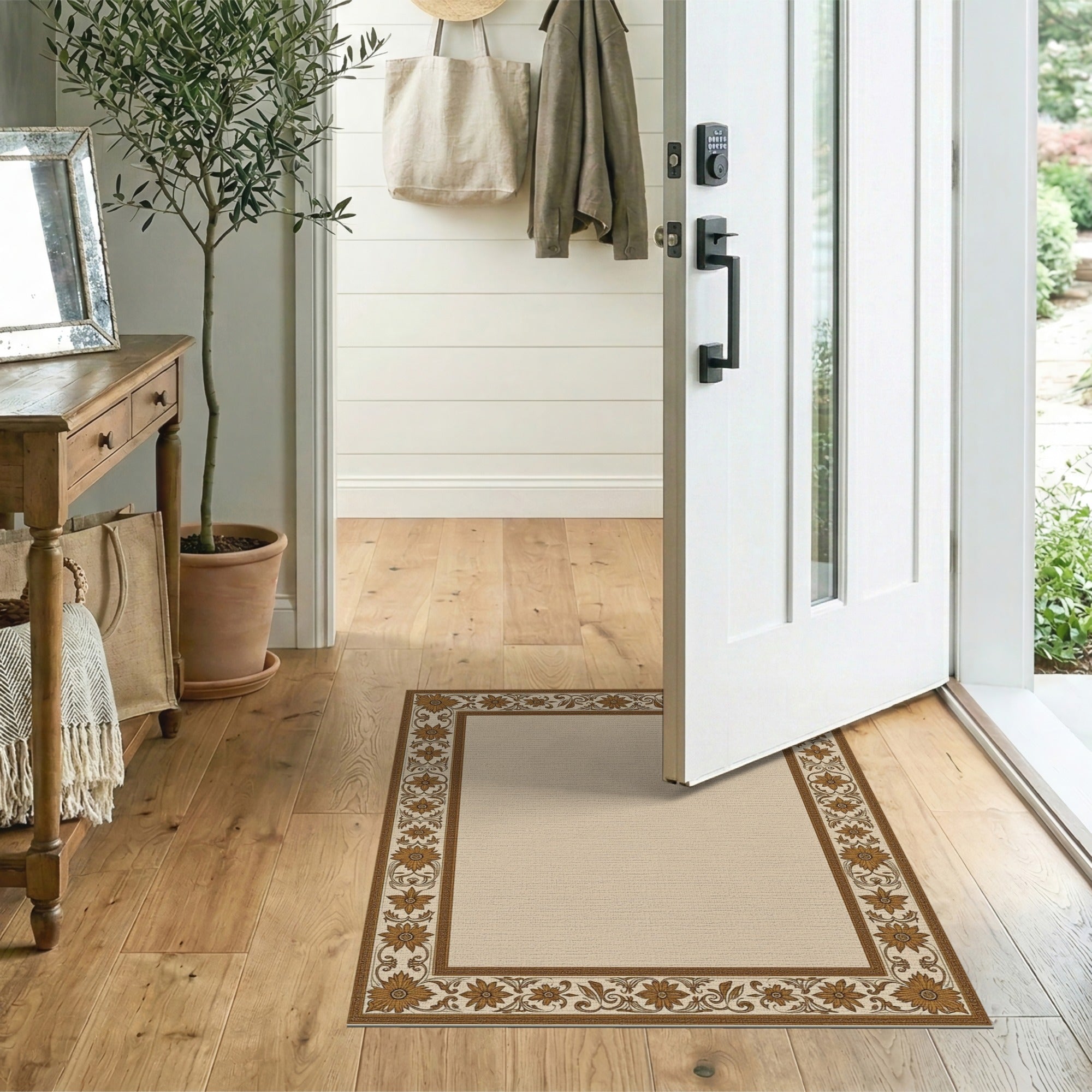 Beige Area Rug with Ornate Brown Floral Border