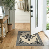Ornate Black Floral Medallion Rug on Beige