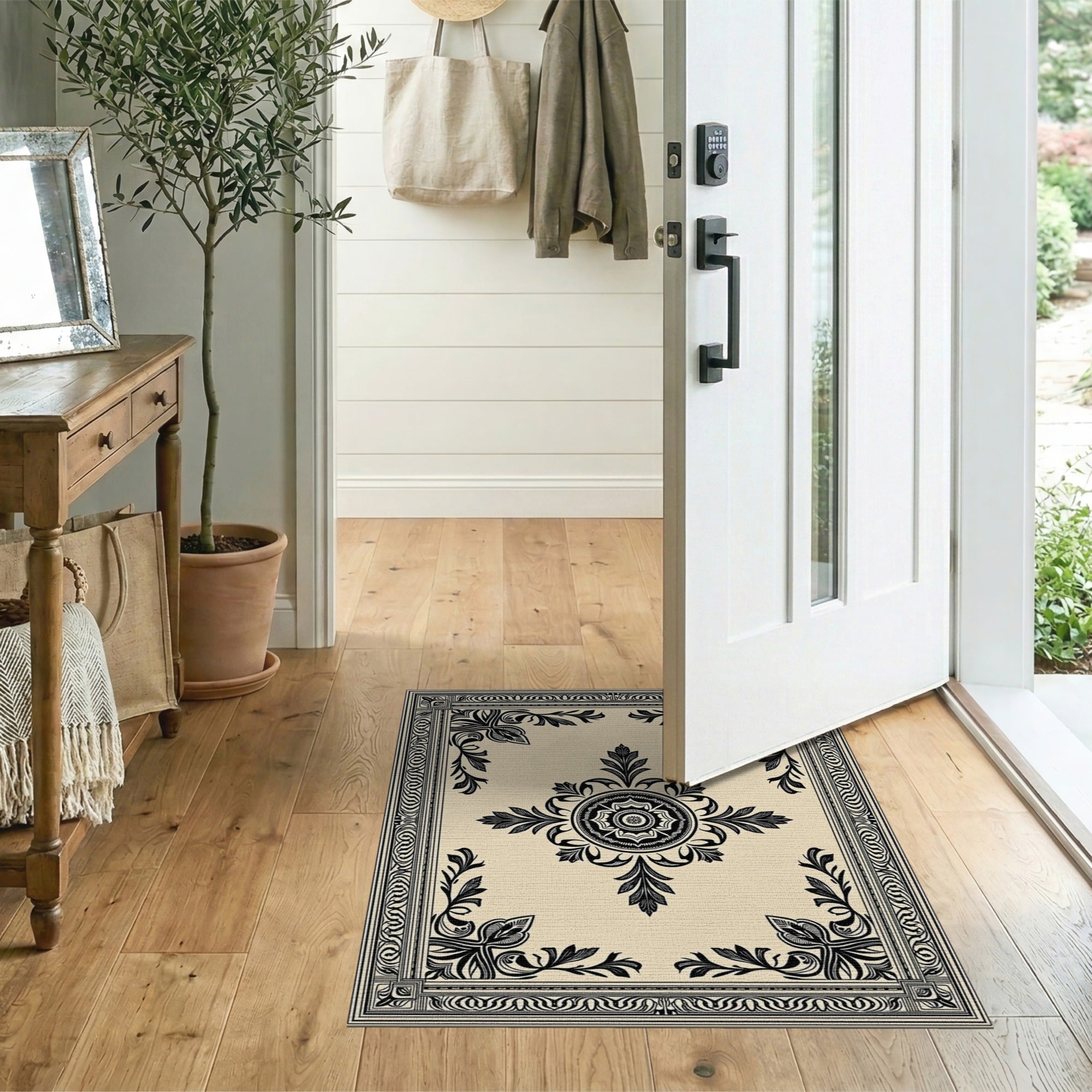 Ornate Black Floral Medallion Rug on Beige
