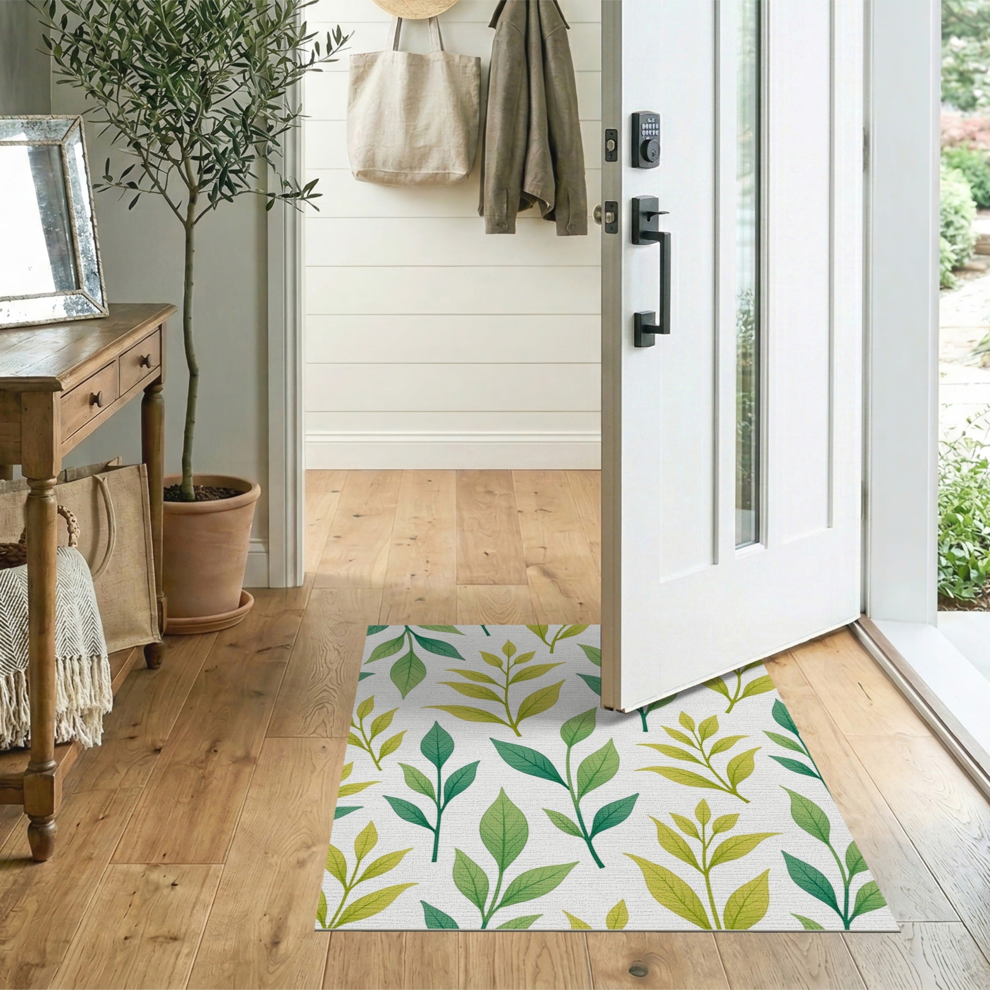 Floral Vintage Vibrant Green Leaves Pattern Area Rug