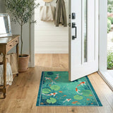 Floral Vintage Teal Koi Fish Lotus Pond Area Rug