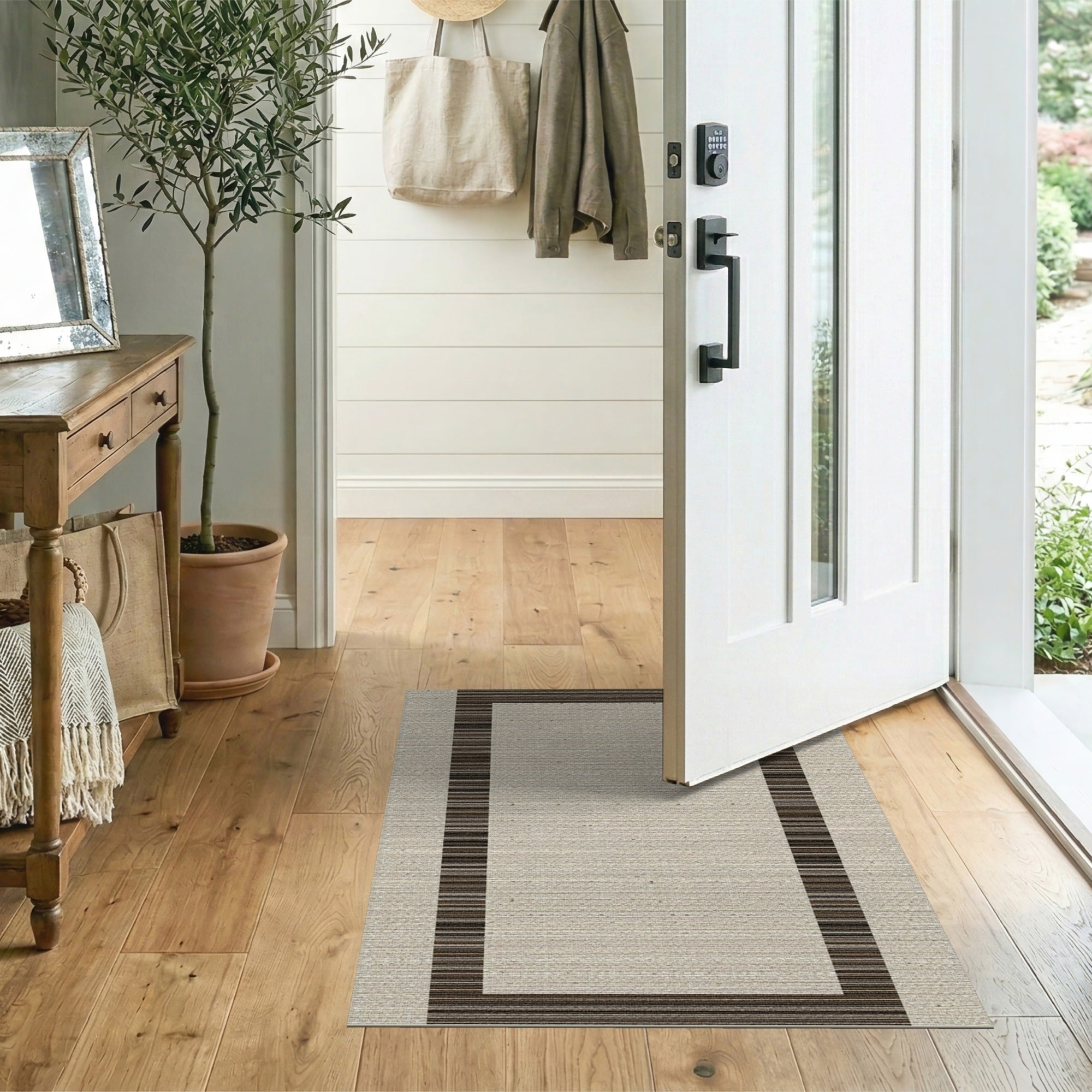 Beige Area Rug with Brown Striped Border
