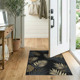 Black Palm Frond Area Rug with Neutral Leaves