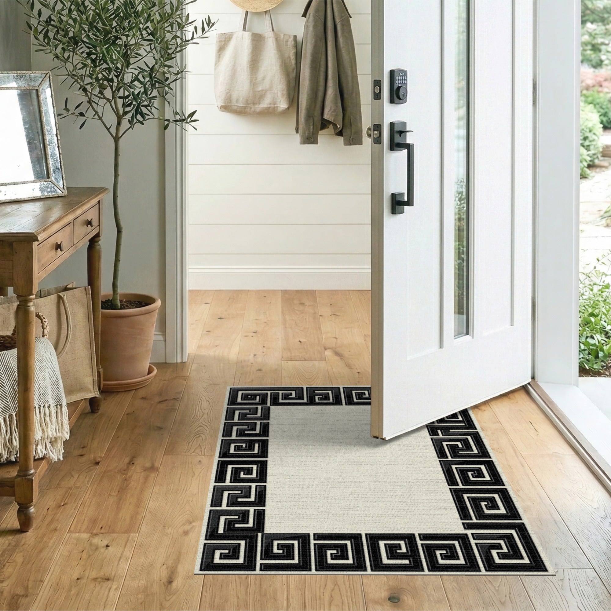 Black and White Black Greek Key Border Area Rug
