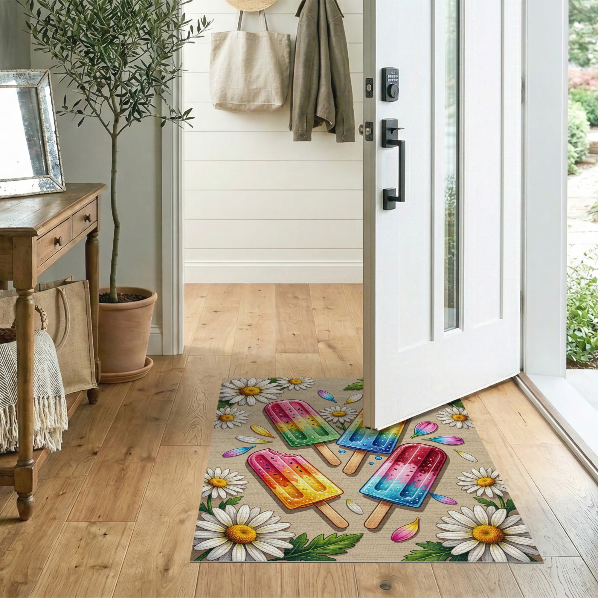 ODIKA Washable Colorful Popsicle & Daisy Floral Area Rug - Low Pile Non-Slip Indoor Rug
