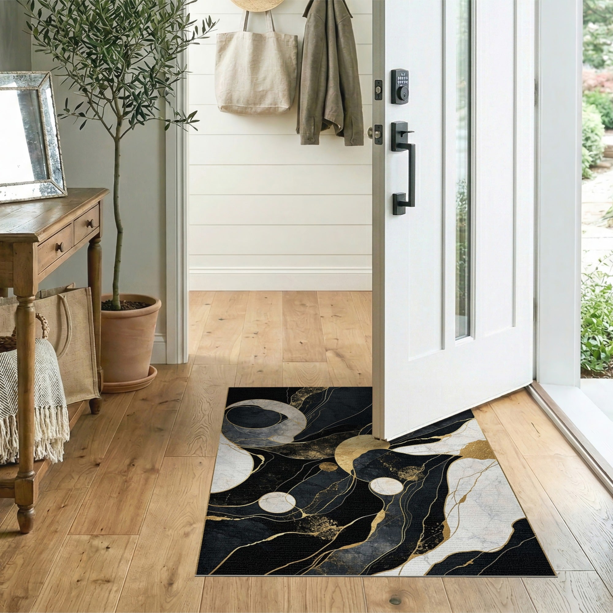 Gold and Silver Black Gold Marble Vein Abstract Area Rug