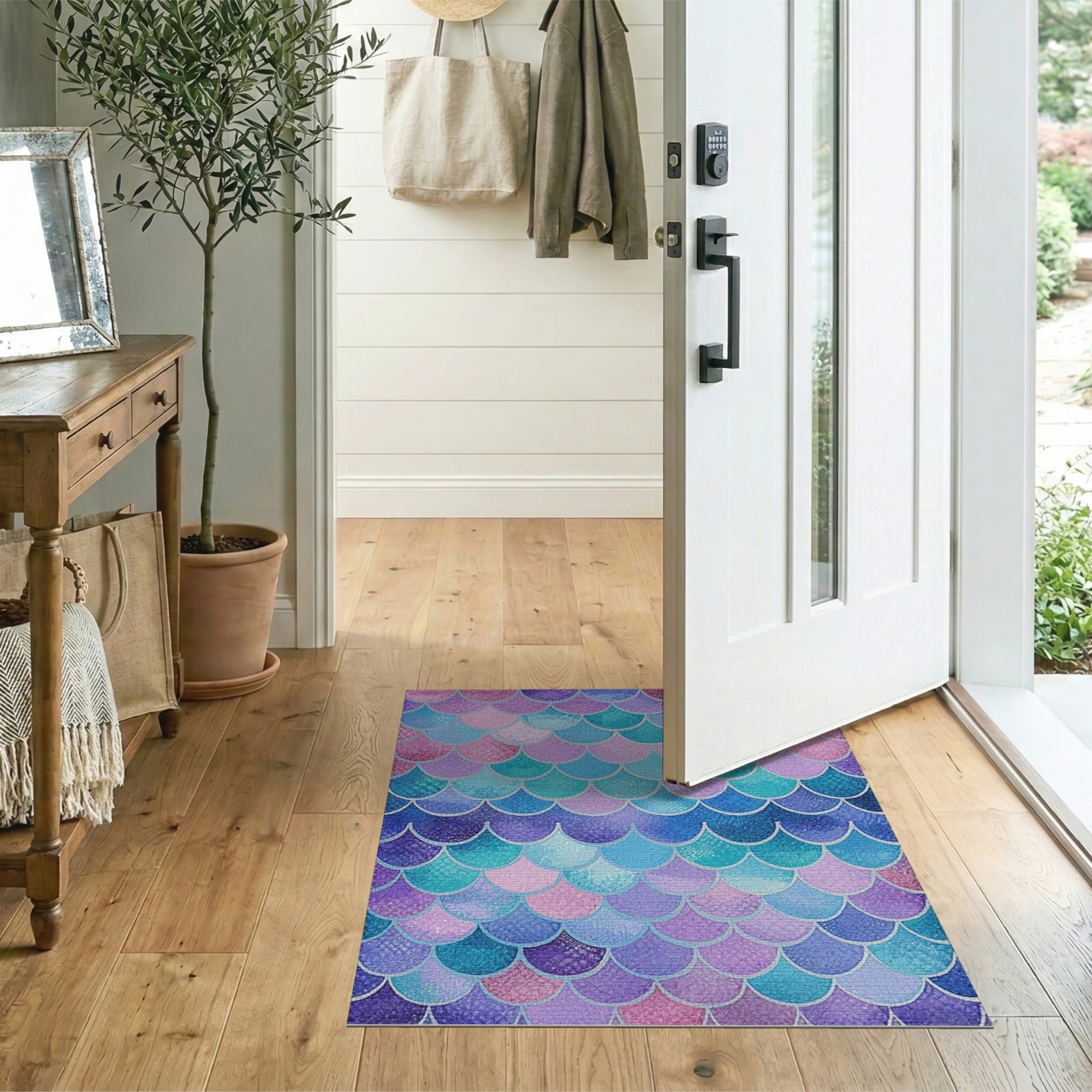 Mermaid Scales Area Rug in Vibrant Purple Pink Teal