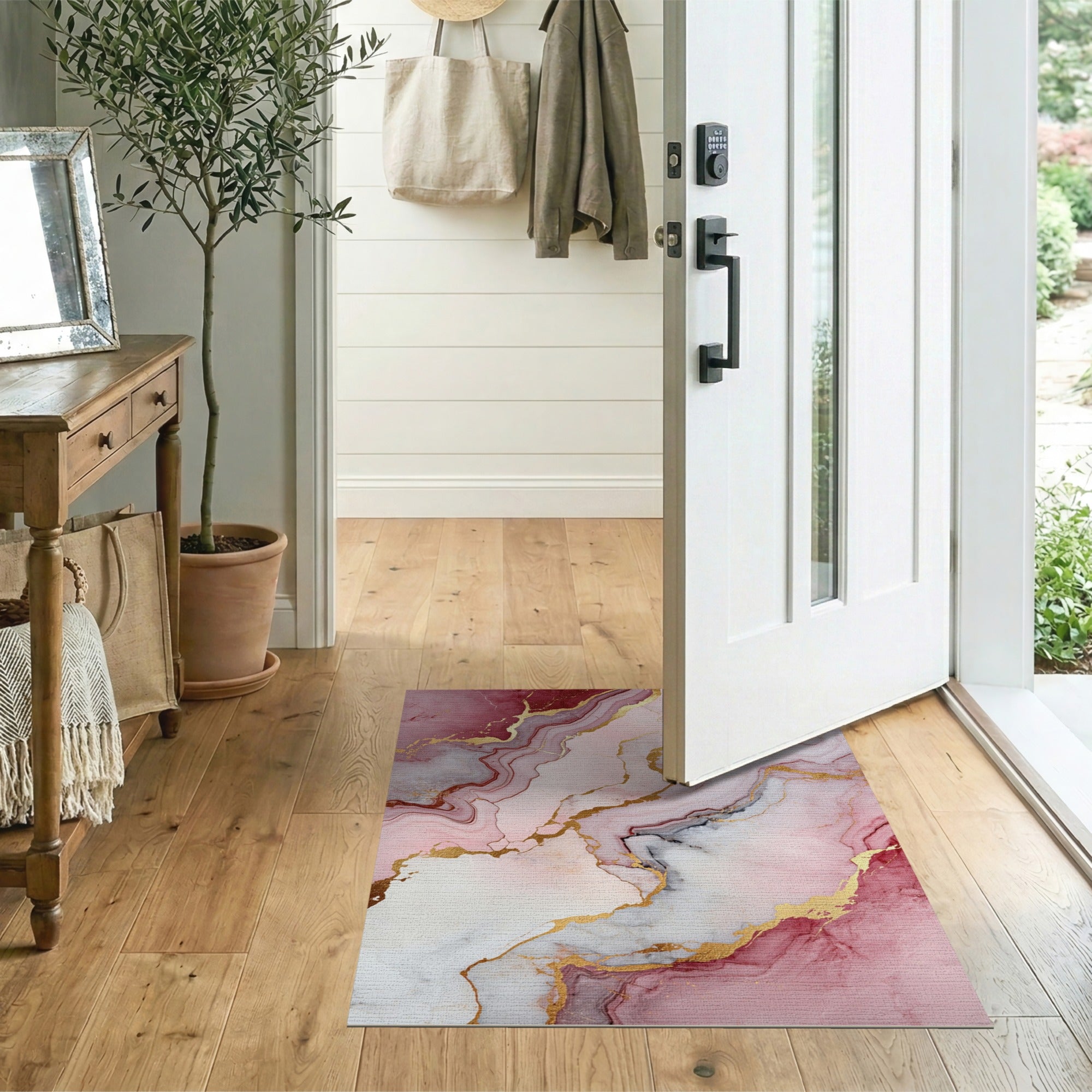 Pink Gold Veined Marble Abstract Area Rug