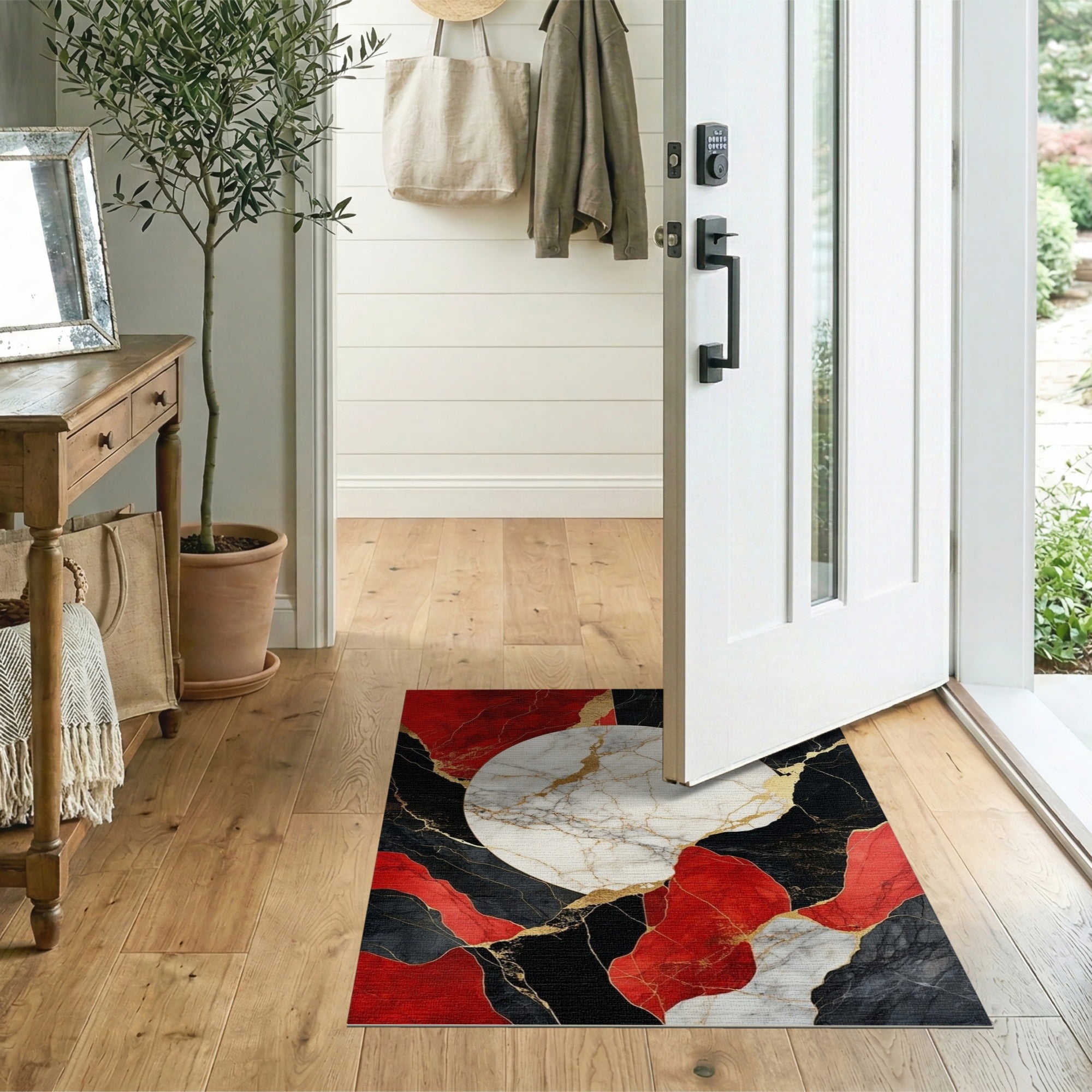 ODIKA Modern Abstract Marble Red & Black Washable Area Rug - Low Pile Non-Slip Non-Shedding