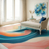 ODIKA Modern Abstract Coastal Waves Washable Rug - Low Pile Non-Slip Teal & Coral Art Decor