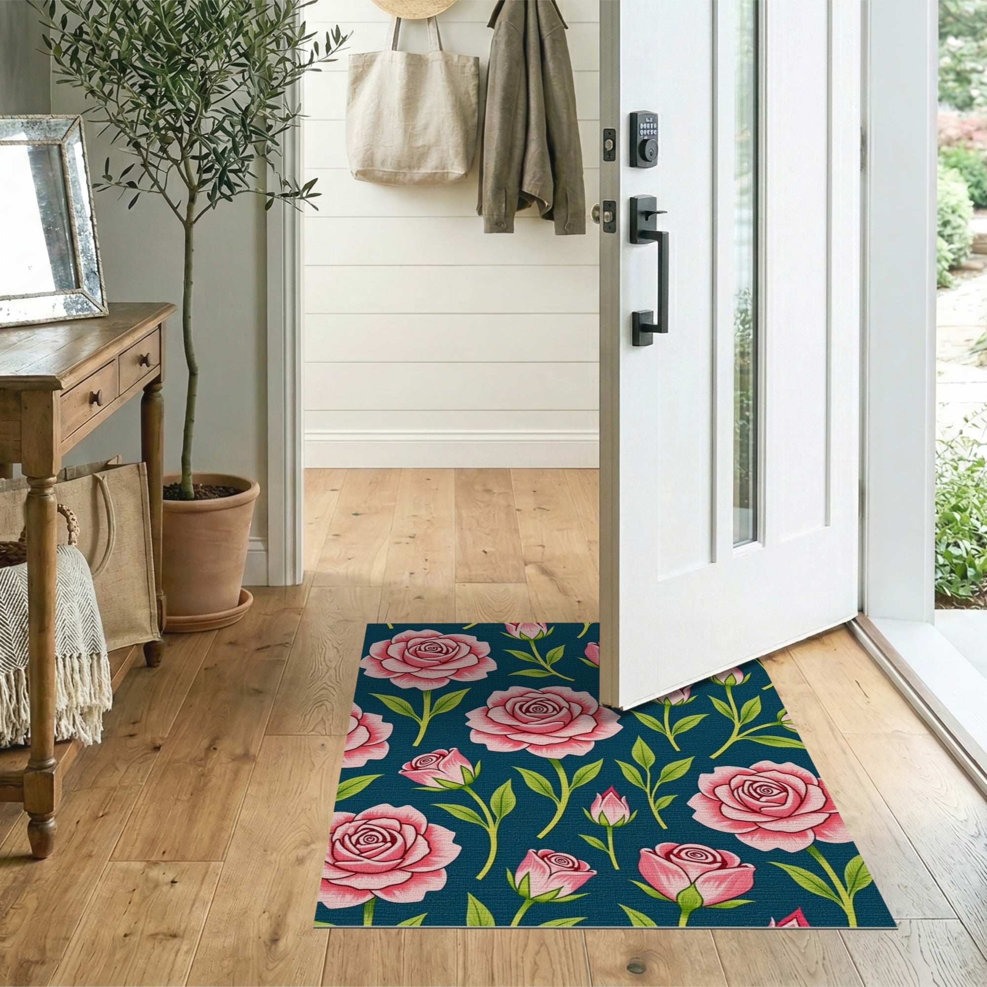 Vintage Pink Roses on Navy Area Rug