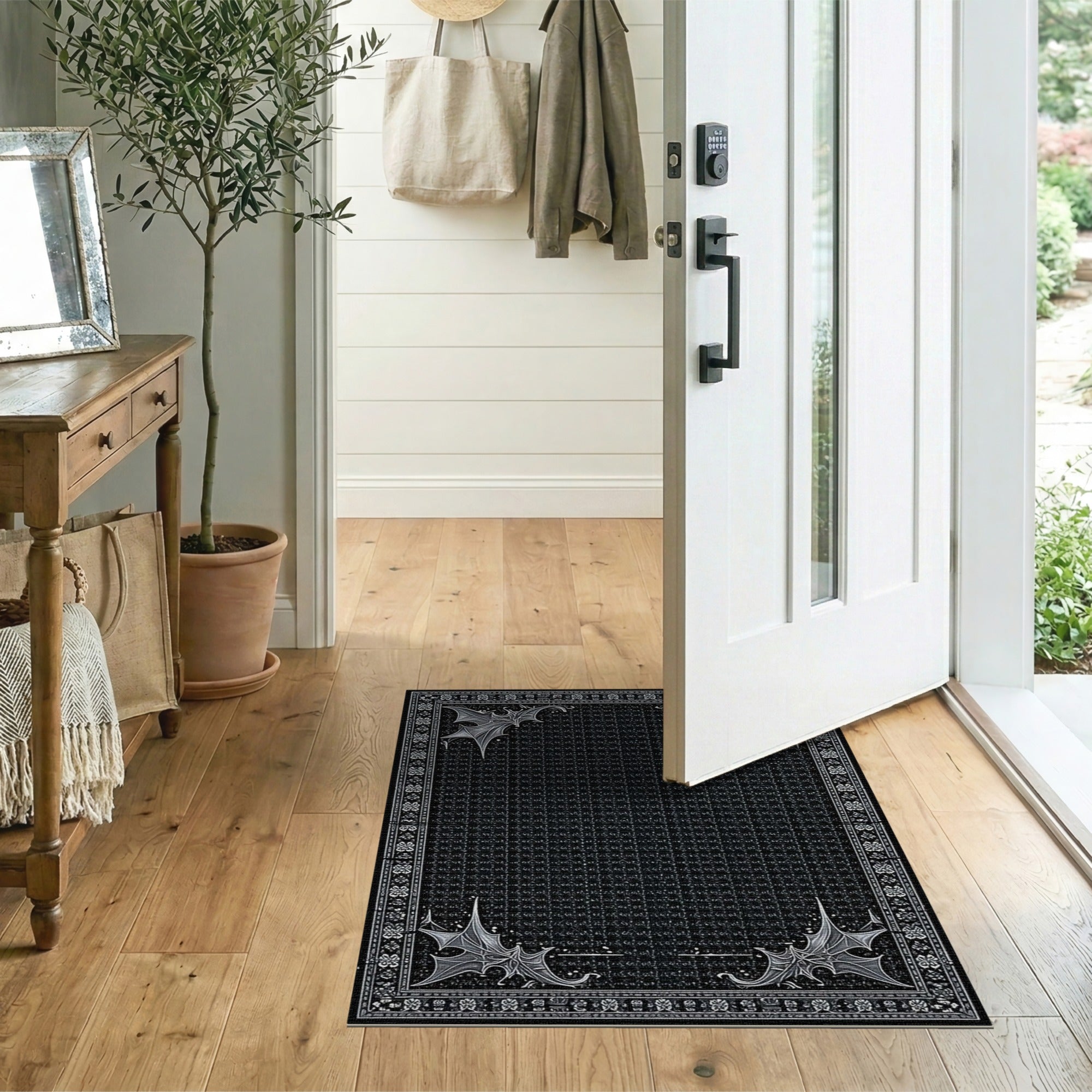 Gothic Silver Bats Black Area Rug