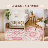 Ultra Soft Area Rug, Non Slip, Stain Resistant, Washable Area Rugs for Living Room, Bedroom, Rustic Antique Geometric Touch(Pink)