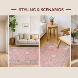 Ultra Soft Area Rug, Non Slip, Stain Resistant, Washable Area Rugs for Living Room, Bedroom, Vintage Floral Boho Elegance(Pink)