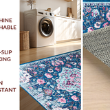 Ultra Soft Area Rug, Non Slip, Stain Resistant, Washable Area Rugs for Living Room, Bedroom, Rustic Floral Tiled Arrangement(Blue)