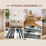 Ultra Soft Area Rug, Non Slip, Stain Resistant, Washable Area Rugs for Living Room, Bedroom, Contemporary Stripe Rug with Graphic Rhythm and Abstract Linework Accents(Black)