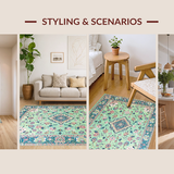 Ultra Soft Area Rug, Non Slip, Stain Resistant, Washable Area Rugs for Living Room, Bedroom, Eclectic Botanical Tiled Design(Ivory)