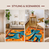 Ultra Soft Area Rug, Non Slip, Stain Resistant, Washable Area Rugs for Living Room, Bedroom, Artful Elephant Motif in Blue(Orange)