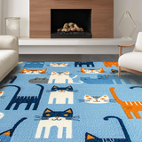 Ultra Soft Area Rug, Non Slip, Stain Resistant, Washable Area Rugs for Living Room, Bedroom, Bright Animated Cat Motif(Blue)