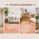 Ultra Soft Area Rug, Non Slip, Stain Resistant, Washable Area Rugs for Living Room, Bedroom, Elegant Distressed Ethnic Motif(Orange)