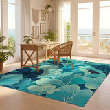 ODIKA Modern Teal Ginkgo Leaf Washable Rug - Low Pile Non-Slip Botanical Area Carpet