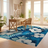 ODIKA Blue Tropical Hibiscus Floral Washable Low Pile Area Rug