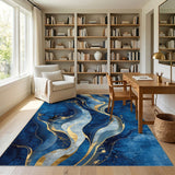 Abstract Navy Blue Gold Wave Area Rug