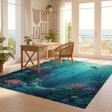 ODIKA Washable Sea Turtle & Coral Reef Area Rug, Low Pile Robot Vacuum Friendly Non-Slip Carpet