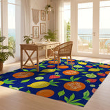 ODIKA Vibrant Tropical Fruit Washable Area Rug - Navy Blue Low Pile Non-Slip Carpet