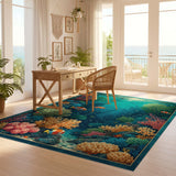 ODIKA Colorful Ocean Coral Reef Washable Area Rug, Low Pile Non-Slip Sea Life Carpet for Kids Room & Playroom