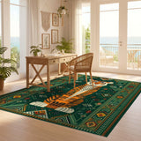ODIKA Washable Tiger Area Rug - Green Tribal Geometric Jungle Pattern, Low Pile