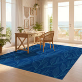 ODIKA Washable Blue Botanical Leaf Area Rug - Non-Slip Low Pile