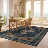 ODIKA Washable Southwestern Tribal Blue Area Rug - Low Pile, Non-Slip & Pet Friendly